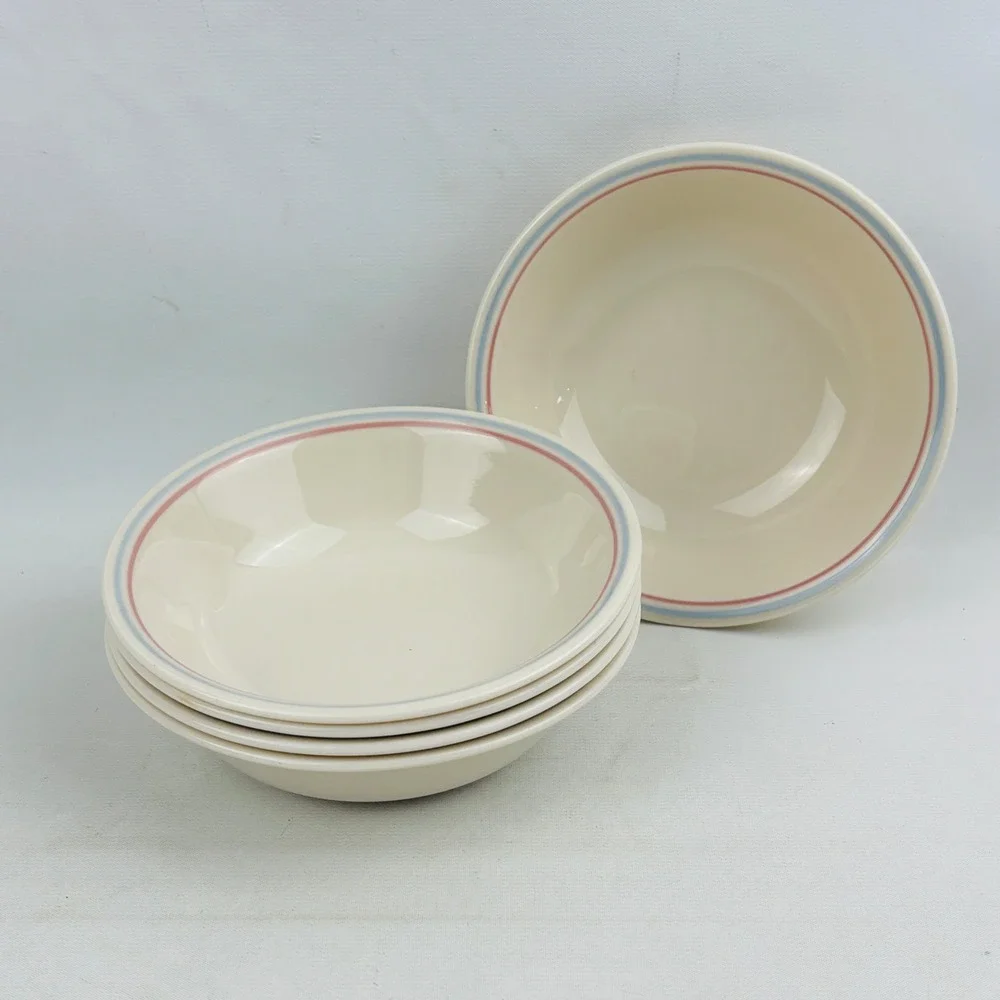 Corelle English Breakfast 5 Dessert Bowl Set‎ Blue Pink Rim Band Fruit Sauce